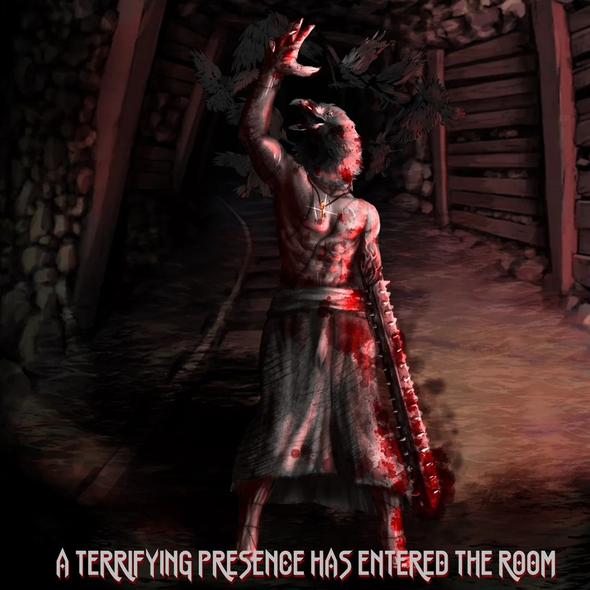 5_fingers amputee apron arm_scar beak black_beak black_body black_feathers blood blood_on_apron blood_on_beak blood_on_chest blood_on_clothing blood_on_hand blood_on_head blood_on_leg blood_on_weapon bodily_fluids cave cave_background clothing collar disability feathers feral fingers flying glistening glistening_object key keychain looking_away male melee_weapon muscular muscular_humanoid muscular_male open_beak open_mouth rail raised_arm scar shirtless shirtless_humanoid shirtless_male solo sparkles spikes standing text vein veiny_muscles weapon weapon_arm white_apron white_body white_clothing white_skin nogyart fear_and_hunger crow_mauler animal_humanoid avian avian_humanoid bird bird_humanoid corvid corvid_humanoid corvus_(genus) corvus_humanoid crow crow_humanoid humanoid oscine passerine 2023 colored digital_media_(artwork) english_text shaded