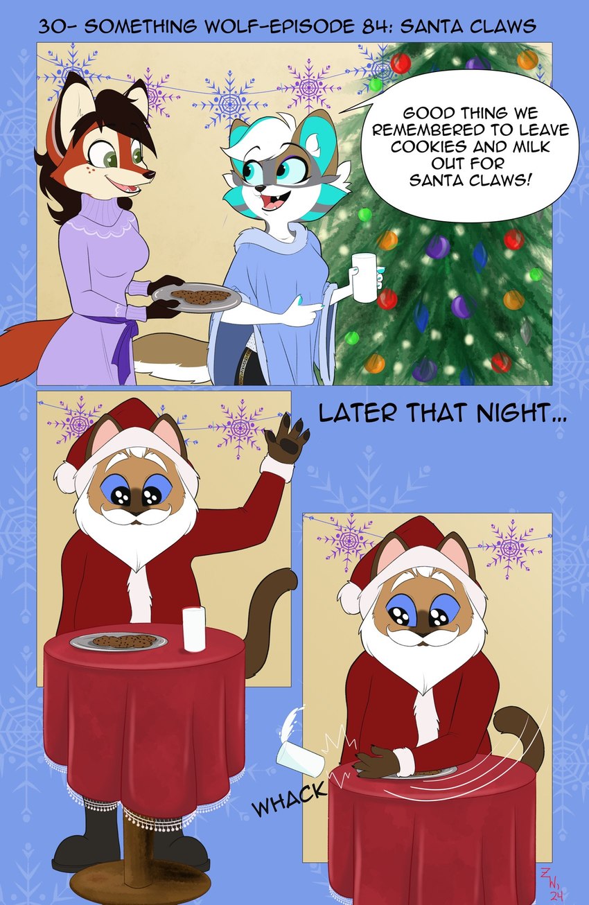 3_panel_comic anthro beard black_body black_fur black_hair blue_sclera boots brown_body brown_fur brown_pawpads cheek_tuft christmas_clothing christmas_headwear christmas_tree clothing cookie costume dialogue dress facial_hair facial_tuft fangs female food footwear fur green_body green_fur green_highlights green_pawpads grey_body grey_fur hair hat headgear headwear highlights_(coloring) holidays male milk open_mouth open_smile orange_body orange_fur pawpads paws plant poncho santa_costume santa_hat shoes smile sound_effects speech_bubble tan_body tan_fur teeth text tree tuft white_body white_fur white_hair wide_eyed zephyriwolf christmas santa_claus zephyri_q_wolf canid canine canis domestic_cat felid feline felis fox mammal wolf english_text hi_res