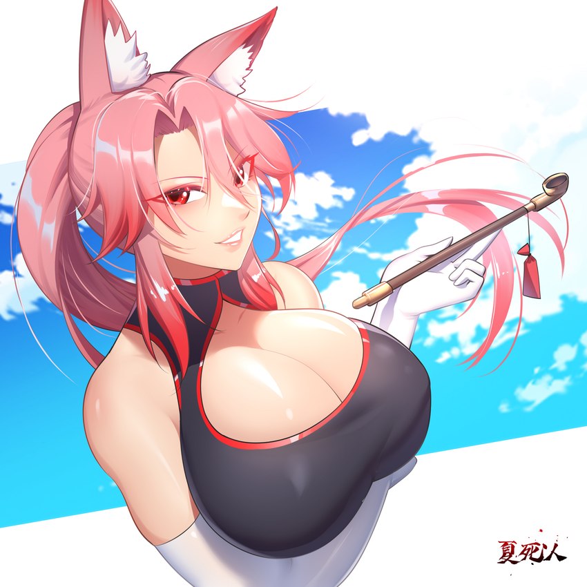 armwear big_breasts breasts cleavage clothed clothing elbow_gloves female gloves hair handwear huge_breasts inner_ear_fluff kiseru pink_hair ponytail red_eyes smoking_pipe solo tuft xia_siren animal_humanoid canid canid_humanoid canine canine_humanoid fox_humanoid humanoid mammal mammal_humanoid 1:1 2022 absurd_res half-length_portrait hi_res portrait