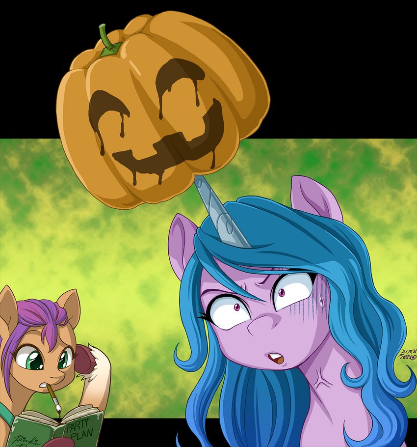 ambiguous_form blue_hair bodily_fluids book brush bulging_vein duo female hair jack-o'-lantern neck_bulge paintbrush purple_hair sweat vain uotapo hasbro mlp_g5 my_little_pony izzy_moonbow_(mlp) sunny_starscout_(mlp) equid equine horse mammal pony alpha_channel hi_res