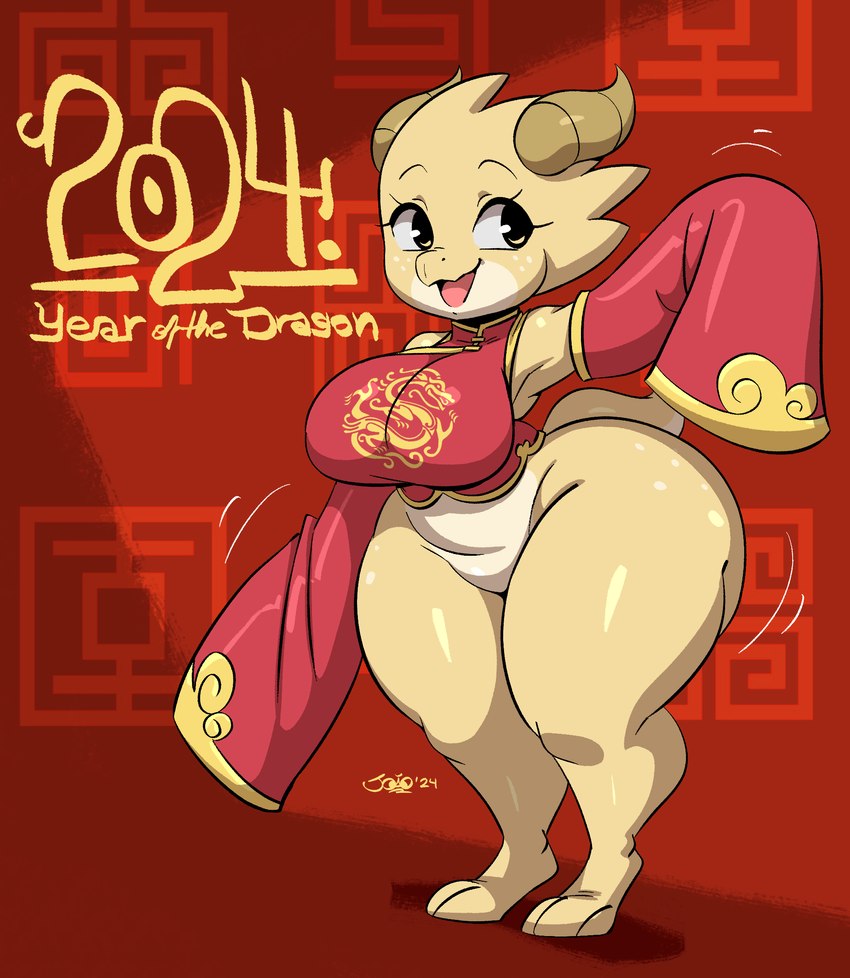 anthro asian_clothing big_breasts biped bottomless bottomless_anthro bottomless_female breasts chinese_clothing clothed clothing east_asian_clothing eyelashes featureless_crotch female holidays open_mouth pupils smile solo text thick_thighs yellow_body joaoppereiraus chinese_new_year chinese_zodiac tales_of_sezvilpan year_of_the_dragon tiki_(joaoppereiraus) kobold reptile scalie 2024 english_text hi_res signature