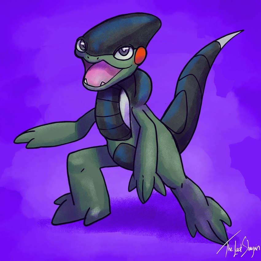 4_fingers 4_toes ambiguous_gender black_eyes black_tail feet fingers green_body looking_up open_mouth pink_tongue purple_background red_cheeks simple_background solo standing tail toes tongue thelastshaymin nintendo pokemon cyclizar generation_9_pokemon pokemon_(species) 1:1 hi_res signature