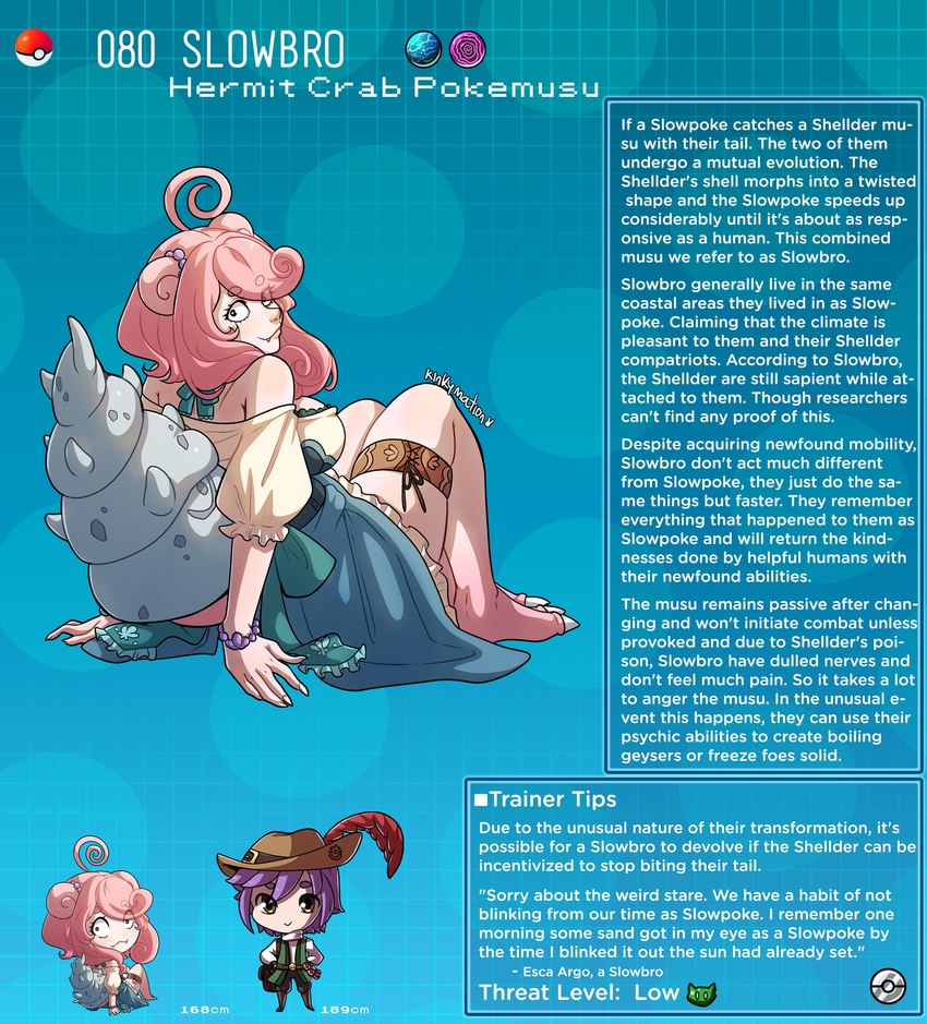 anthro blue_background chibi clothed clothing description female hair id_number information information_box information_section looking_back male number pink_hair pokedex_entry simple_background species_description species_sheet text text_box kinkymation nintendo pokemon generation_1_pokemon human humanoid mammal pokemon_(species) slowbro english_text hi_res species_name