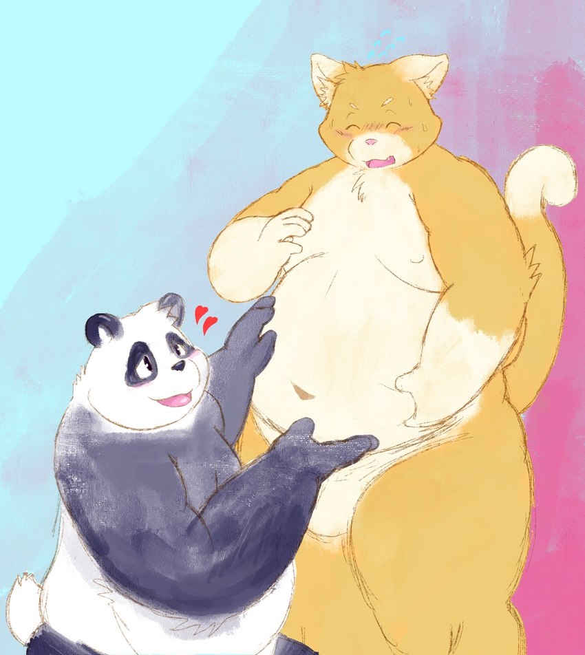 belly black_body black_fur black_nose blush duo eyes_closed fur humanoid_hands kemono male moobs navel nipples overweight overweight_male white_body white_fur armadirou bear domestic_cat felid feline felis giant_panda mammal 2020 hi_res