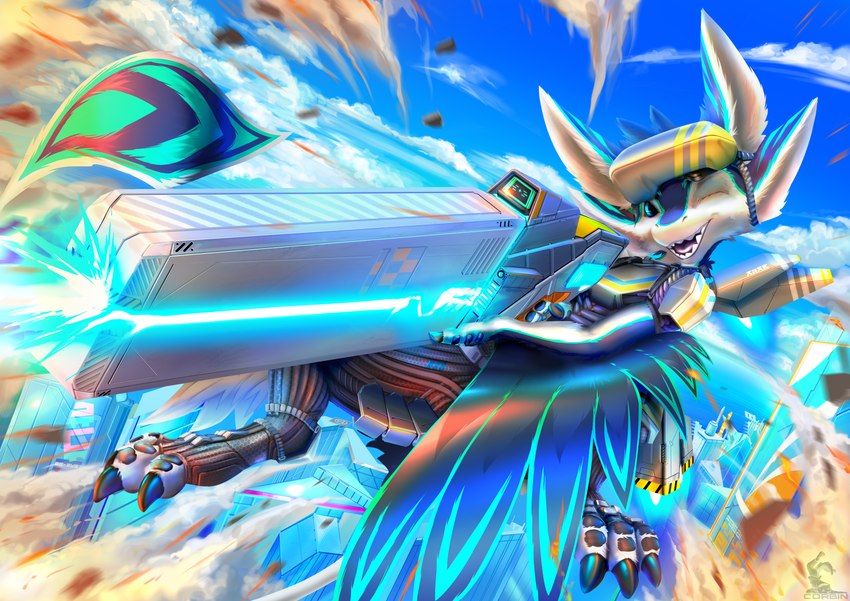 3_toes 4_ears aiming anthro armor blue_body blue_eyes blue_feathers blue_sky building city claws cloud debris dust dust_cloud explosion feathers feet flying_debris holding_object holding_weapon jet_pack male midair multi_ear one_eye_closed open_mouth open_smile plate pseudo_hair railgun ranged_weapon science_fiction scope sea shooting sky smile solar_panel solo tail teeth toes water weapon white_body white_feathers wings wink corbin_(roscy) ray_(corbin_roscy) avali absurd_res hi_res