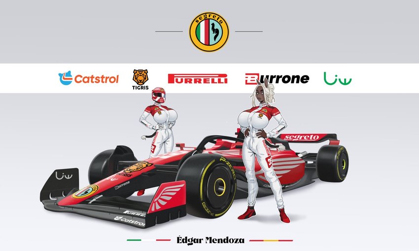 anthro armor biped blonde_hair bulge car ears_up gynomorph hair headgear helmet intersex italian_flag logo logo_parody long_hair race_car race_car_driver simple_background solo spanish_flag standing text text_on_car vehicle boosterpang edgar_mendoza_(boosterpang) andalusian_horse equid equine horse mammal 2024 5:3 english_text male_(lore)