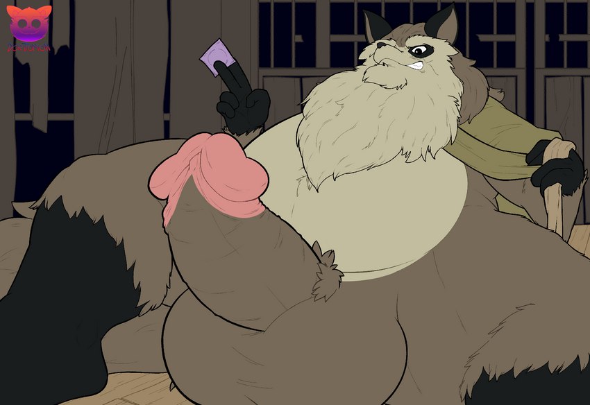 anthro balls beard belly big_balls big_belly big_glans big_penis brown_body condom erection facial_hair genitals humanoid_hands male mature_male overweight overweight_male penis sexual_barrier_device sitting solo doritomon ghibli pom_poko inugami_gyoubu_(pom_poko) canid canine mammal raccoon_dog tanuki 2023 hi_res