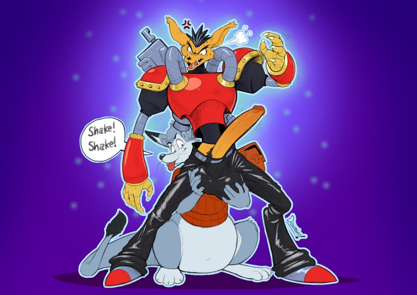 angry anthro armor ball_fondling balls belly big_balls big_penis black_hair claws clothing dialogue duo fondling fur genitals grey_body grey_hair hair long_penis male male/male open_mouth orange_body orange_fur penis pubes red_body steam sweater teeth_showing text tongue tongue_out topwear weapon dawmino mischief_makers treasure_(game_developer) alex_the_rubikang lunar_(mischief_makers) canid canine canis mammal rubikang wolf 2020 english_text