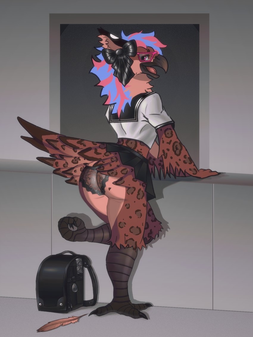 abstract_background anthro asian_clothing backpack beak big_butt blue_hair bottomwear bow_ribbon brown_body butt butt_markings clothing crop_top cutie_mark east_asian_clothing eyewear feather_tuft feathered_wings feathers feet fur glasses hair heart_symbol japanese_clothing japanese_school_uniform lace lace_panties leaning leaning_forward leopard_spots lingerie looking_at_viewer male markings metal miniskirt multicolored_body neck_tuft open_mouth panties pink_eyes pink_hair presenting presenting_hindquarters scaled_legs scales school_uniform shirt simple_background skirt smile solo spots tail tail_feathers tan_body thick_thighs toes topwear translucent tuft underwear uniform wings hazed01 hasbro my_little_pony bree_mak_(bree) avian bird absurd_res digital_media_(artwork) hi_res shaded simple_shading