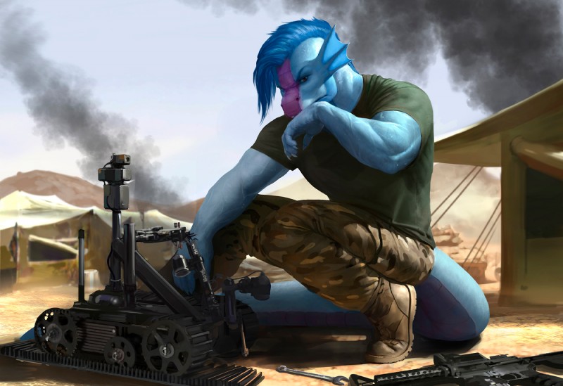 anthro ar-15 assault_rifle belly biceps blue_body blue_hair blue_skin bodily_fluids boots bottomwear cable camera camo clothed clothing crouching day desert detailed_background footwear gun hair hand_on_face looking_down m4 machine male military muscular muscular_anthro muscular_male outside pants purple_belly ranged_weapon red_eyes rifle sand scales shirt shoes sky smoke solo sweat tail tent thinking thoughtful_expression tiptoes tools topwear vehicle vein weapon wrench loculi mythology icy_(iceman) dragon mythological_creature mythological_scalie robot scalie 2013 detailed full-length_portrait hi_res portrait