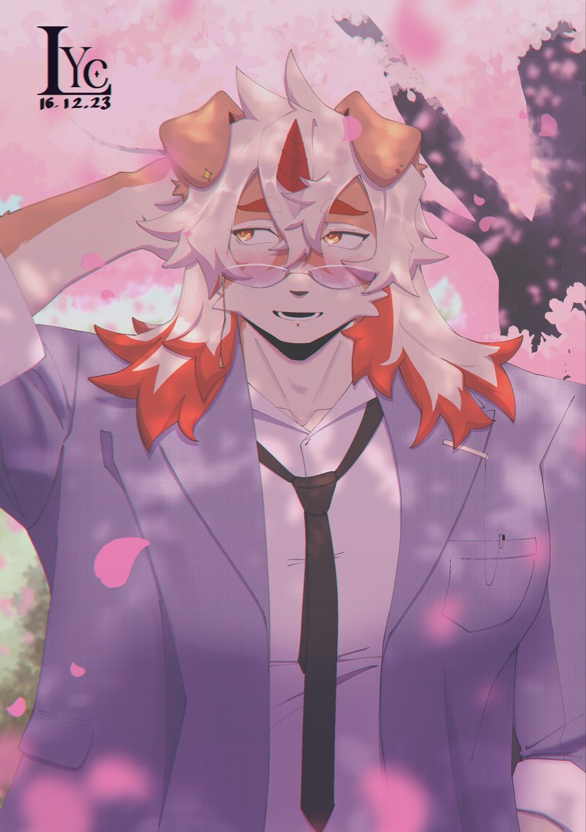 anthro blush cherry_blossom clip_accessory eyewear flower glasses looking_away loose_shirt loose_tie male plant prunus_(flower) shy solo the_lycander arknights hypergryph studio_montagne hung_(arknights) canid canine mammal digital_media_(artwork) hi_res