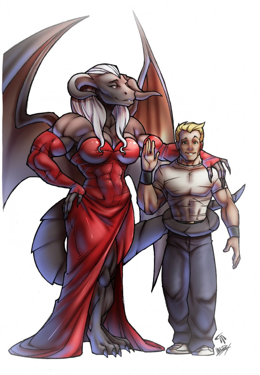 anthro clothing dress duo female human_on_anthro_romance larger_female male male/female married_couple red_clothing red_dress size_difference urusai_wrangler mythology b-man beelzebub_(jasonvuk666) demon dragon human mammal mythological_creature mythological_scalie scalie hi_res