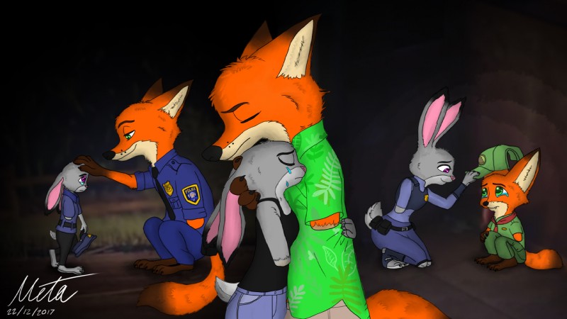 1_missing_limb amputee anthro biped childhood clothing disability duo female flashback fur hug imagination male memories missing_arm young mr-punctual disney zootopia judy_hopps nick_wilde canid canine fox lagomorph leporid mammal rabbit 16:9 2017 digital_media_(artwork) hi_res widescreen