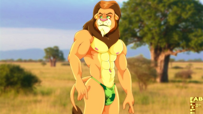 abs anthro biceps biped blurred_background brown_mane brown_tail_tuft bulge camo camo_print camo_thong chin_tuft clothed clothing day eyebrows facial_tuft front_view fur fur_tuft green_clothing green_eyes green_thong green_underwear male mane mouth_closed muscular muscular_anthro muscular_male navel nipples outside pink_nipples pink_nose plant pose savana sky solo standing tail tail_tuft thong thong_only topless tree tuft underwear underwear_only whisker_spots yellow_body yellow_fur yellow_sclera fabfelipe felid lion mammal pantherine 2011 pinup portrait three-quarter_portrait