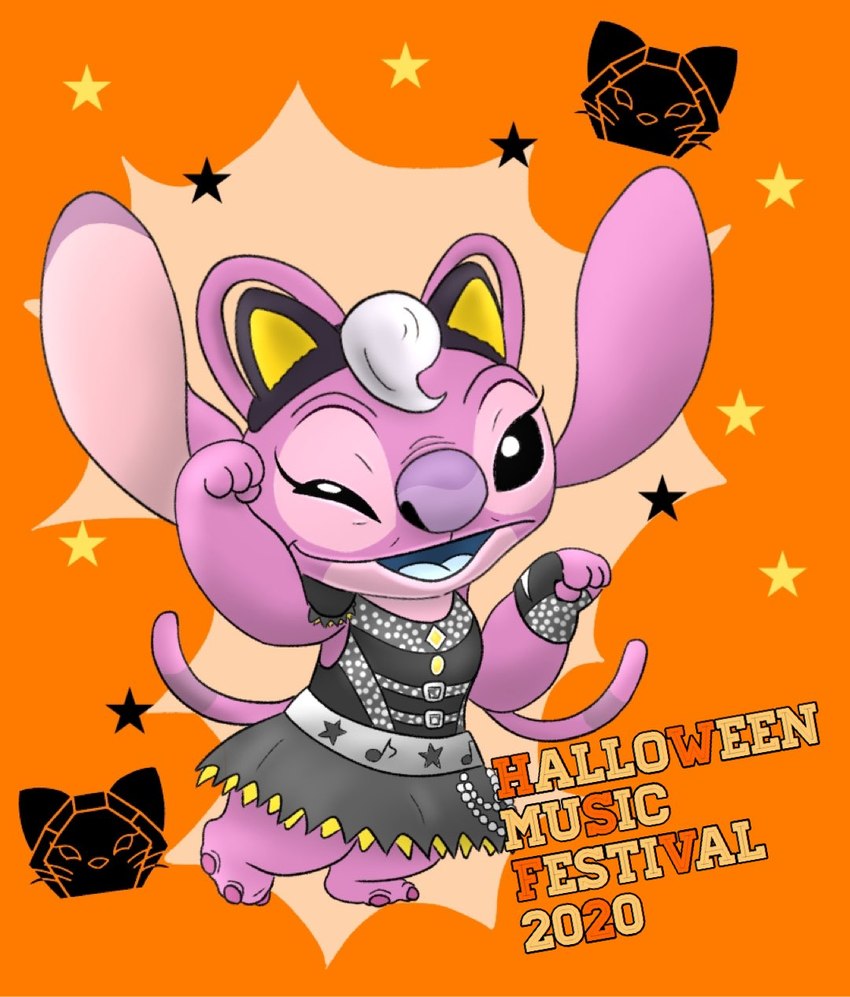 antennae_(anatomy) belt black_eyes blue_tongue claws clothing dress eyebrows fake_cat_ears fake_ears female fingers hair holidays long_ears no_sclera orange_background pink_body pink_inner_ear purple_nose semi-anthro simple_background solo standing text toe_claws tongue yellow_inner_ear mayoooon_626 disney halloween lilo_and_stitch angel_(lilo_and_stitch) alien experiment_(lilo_and_stitch) 2020 english_text hi_res