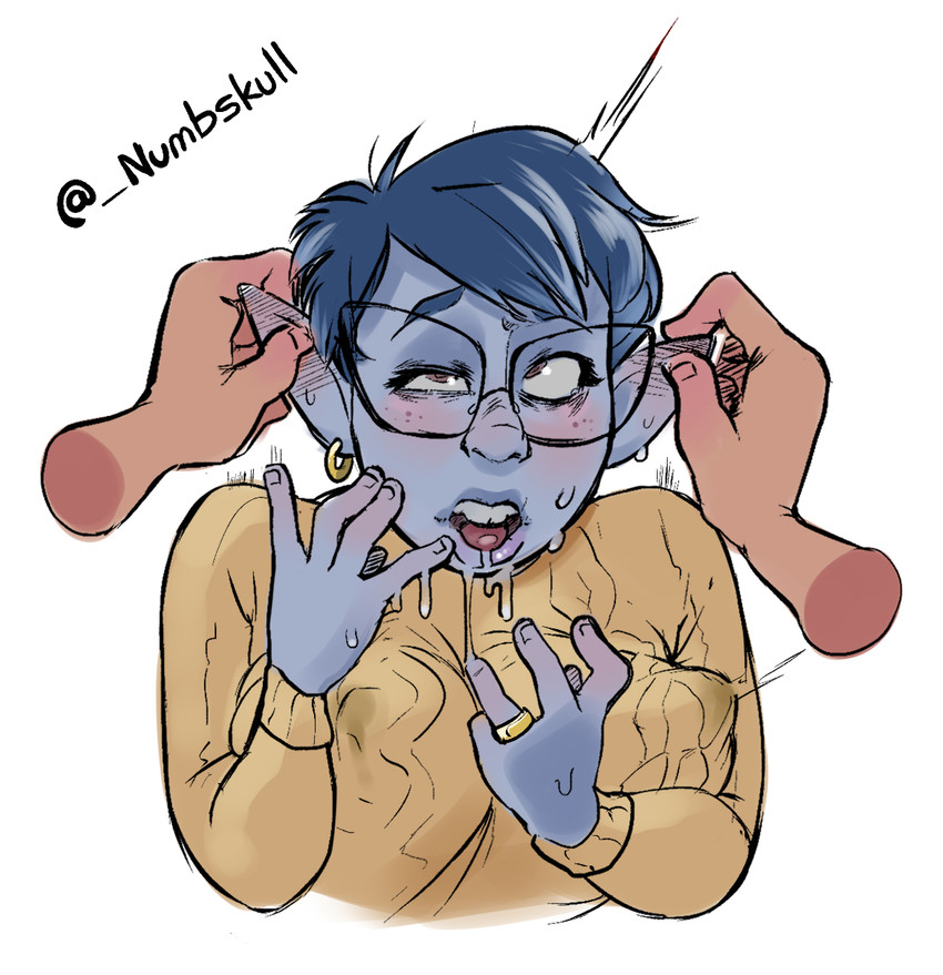 ahegao blue_body blue_skin blush bodily_fluids breasts clothing digit_ring disembodied_hand drooling duo ear_blush ear_piercing ear_play ear_ring ear_rub eargasm engagement_ring erect_nipples erogenous_ears eye_roll eyewear female freckles glasses hair humanoid_pointy_ears jewelry lactating lactating_through_clothing looking_pleasured mature_female mature_humanoid nipple_outline nipples not_furry petted_silly piercing pointy_ears ring_piercing saliva short_hair simple_background sweat sweater topwear touching_ears wet wet_clothing white_background numbskull disney onward_(2020) pixar laurel_lightfoot elf humanoid 2019 hi_res