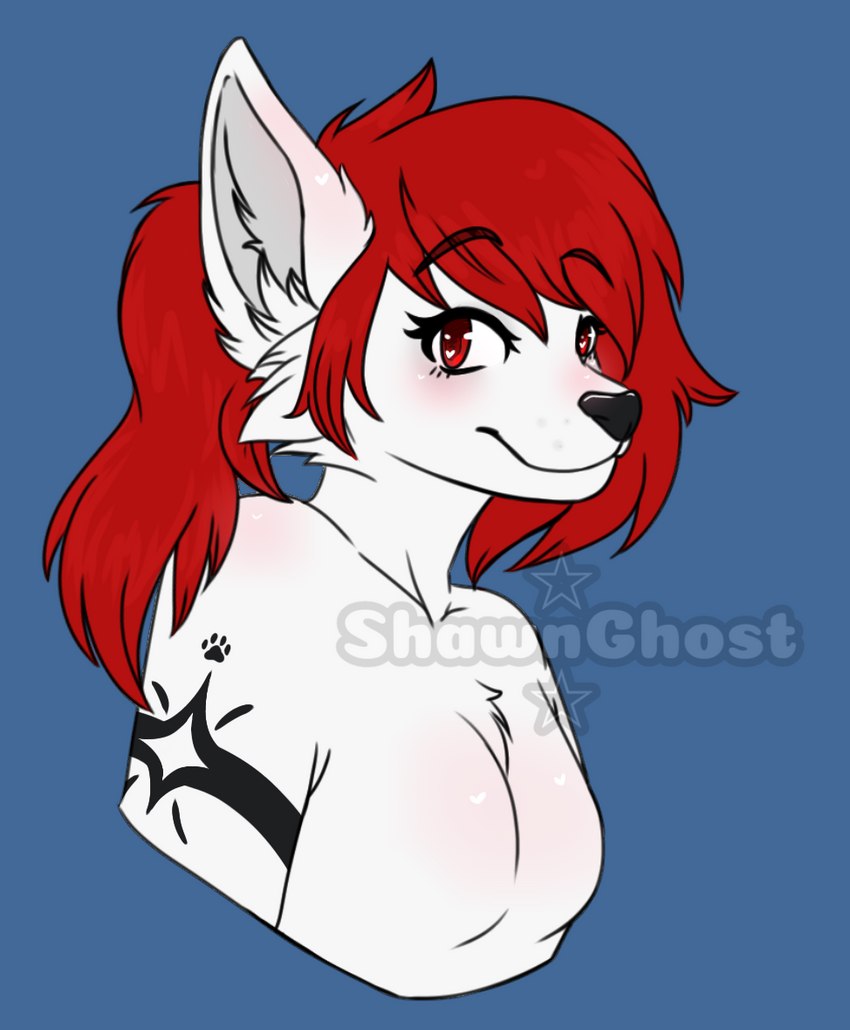 anthro arm_tattoo black_tattoo cheek_tuft chest_tuft ear_tuft facial_tuft female fur hair inner_ear_fluff looking_at_viewer ponytail red_eyes red_hair simple_background smile solo tattoo tuft white_body white_fur mistystar canid canine canis mammal wolf digital_drawing_(artwork) digital_media_(artwork)