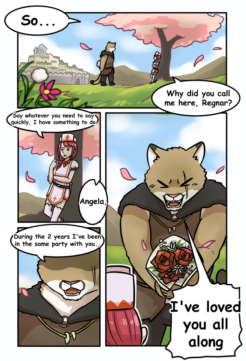 anthro blush bouquet clothed clothing confession female flower flower_bouquet holding_object male open_mouth plant speech_bubble text northwoooof regnar_(northwooof) cougar felid feline human mammal absurd_res comic english_text hi_res