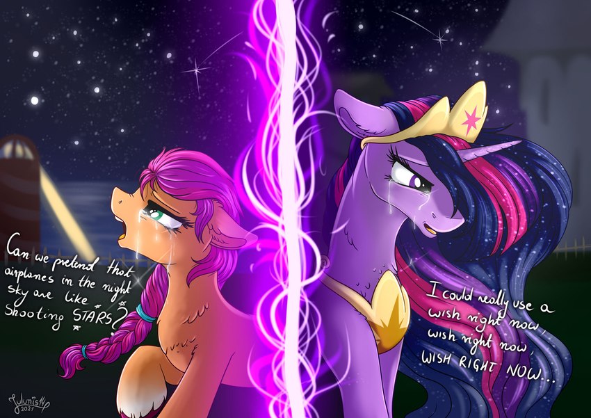 blue_eyes bodily_fluids braided_hair braided_ponytail crown duo female feral hair headgear horn jewelry necklace night ponytail purple_eyes shooting_star split_screen star tears tiara julunis14 friendship_is_magic hasbro mlp_g5 my_little_pony mythology queen_twilight_(mlp) sunny_starscout_(mlp) twilight_sparkle_(mlp) equid equine mammal mythological_creature mythological_equine unicorn hi_res meme