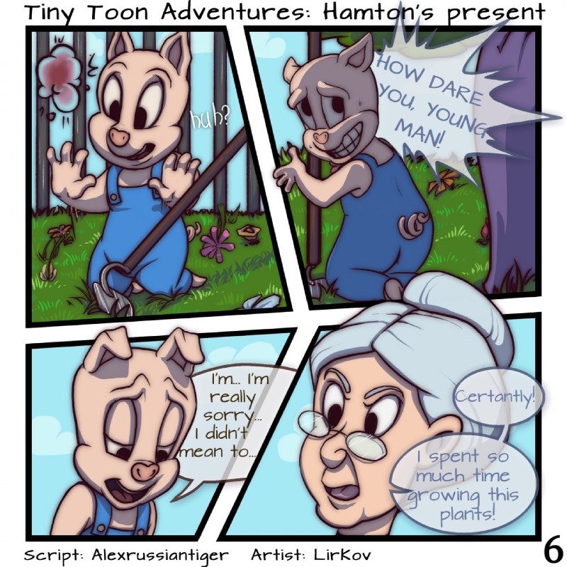 detailed_background duo female flower grass hoe male outside park plant speech_bubble text tools tree lirkov looney_tunes tiny_toon_adventures warner_brothers granny_(looney_tunes) hamton_j._pig domestic_pig human mammal suid suine sus_(pig) 1:1 2018 comic digital_media_(artwork) english_text hi_res