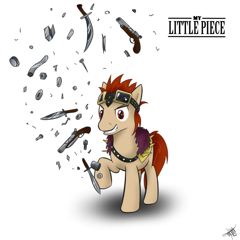 alternate_species feral gun hair male melee_weapon ponification quadruped ranged_weapon red_eyes red_hair smile solo sword tail weapon 1jaz hasbro my_little_pony one_piece eustass_kid jaz equid equine horse mammal pony 1:1 crossover hi_res