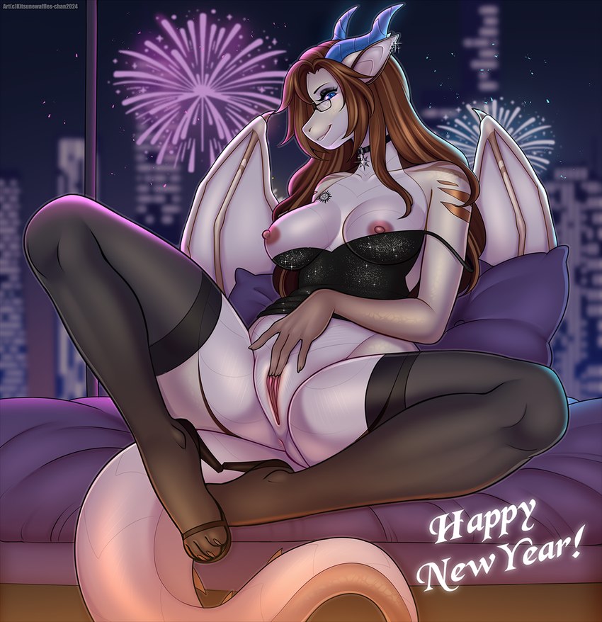 anthro anus blue_eyes blue_horn bottomless bottomless_anthro bottomless_female breasts brown_hair building city clothed clothing eyelashes female fireworks footwear front_view genitals hair high_heels holidays horn inside legwear membrane_(anatomy) membranous_wings night nipples non-mammal_breasts non-mammal_nipples pantyhose partially_clothed presenting presenting_pussy pussy shoes skyscraper smile solo spread_legs spreading tail thigh_highs wings kitsunewaffles-chan mythology new_year tonilyn dragon mythological_creature mythological_scalie scalie hi_res