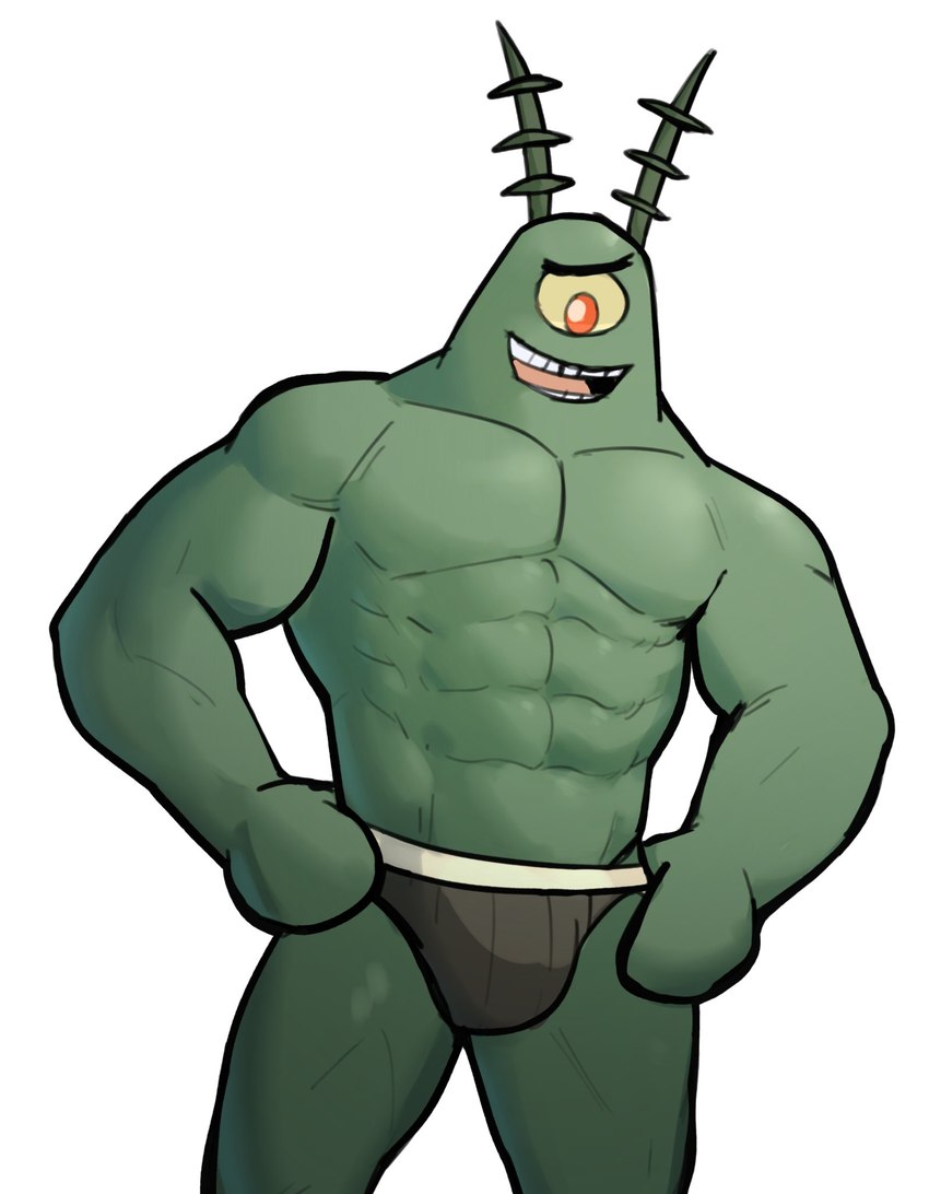 1_eye abs alternate_form antennae_(anatomy) anthro big_muscles bulge clothing cursed_image hands_on_hips male mature_male muscular muscular_anthro muscular_male obliques open_mouth open_smile pecs simple_background smile solo standing teeth thong tongue underwear white_background why jrjresq nickelodeon spongebob_squarepants sheldon_j._plankton arthropod copepod crustacean marine maxillopod plankton_(species) 2021 hi_res