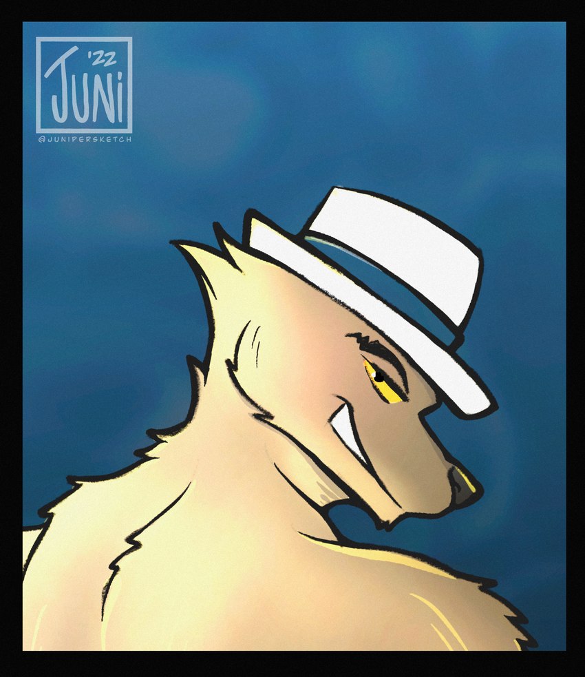 anthro brown_body brown_fur clothed clothing fedora fur fur_tuft grin hat hat_only headgear headgear_only headwear headwear_only looking_at_viewer looking_back looking_back_at_viewer male male_anthro mostly_nude no_irises simple_background simple_coloring smile solo tuft yellow_sclera juwunipur dreamworks the_bad_guys mr._wolf_(the_bad_guys) canid canine canis mammal wolf 2022 absurd_res bust_portrait dated digital_media_(artwork) hi_res portrait procreate_(artwork) shaded simple_shading watermark