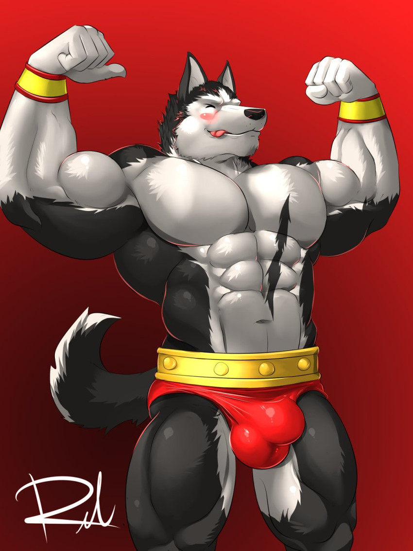 5_fingers abs anthro biceps black_body black_fur blush bottomwear bulge clothed clothing cosplay eyes_closed fingers flexing fur genital_outline gradient_background male multicolored_body multicolored_fur muscular muscular_anthro muscular_male pecs red_background red_bottomwear red_clothing simple_background solo tongue tongue_out topless two_tone_body two_tone_fur white_body white_fur wrestling_briefs wristband reclamon capcom extracurricular_activities street_fighter spencer_(extracurricular_activities) zangief canid canine canis domestic_dog husky mammal nordic_sled_dog spitz 3:4 hi_res