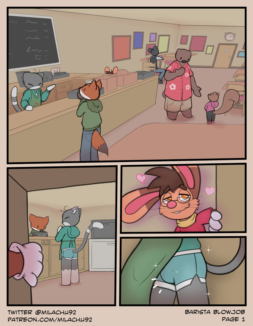 4_toes anthro blush bottomwear buckteeth bulge chair chalkboard cheek_tuft claws clock clothed clothing coffee_shop eyewear facial_tuft feet furniture glasses gloves handwear heart_symbol hotpants inner_ear_fluff leg_markings long_ears male male/male markings public red_nose shorts shota smile socks_(marking) table teeth text toe_claws toes tuft whiskers young young_anthro young_male milachu92 buttons_(milachu92) roderick_(tamerkoh) bear canid canine domestic_cat felid feline felis fox lagomorph leporid mammal murid murine rabbit rat rodent sciurid tree_squirrel absurd_res comic english_text hi_res multiple_scenes url adult_(lore)