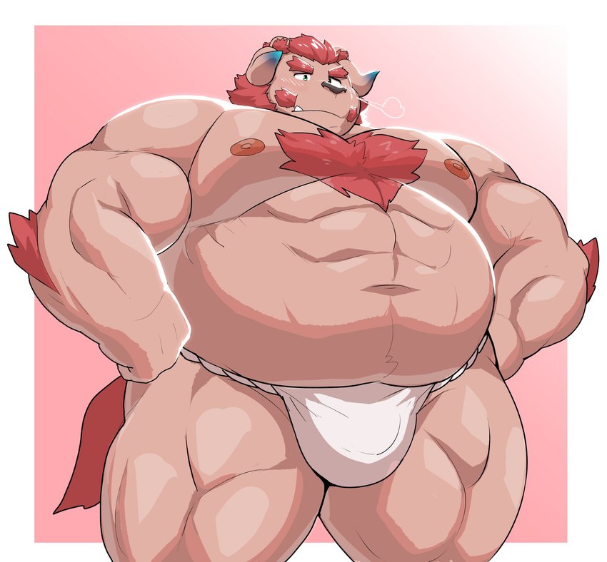 anthro asian_clothing belly body_hair bulge chest_hair clothing east_asian_clothing fundoshi fur horn japanese_clothing male musclegut muscular navel nipples pecs pink_body pink_fur solo underwear 12beat13 lifewonders tokyo_afterschool_summoners chernobog_(tas) hi_res