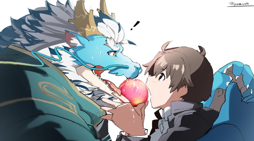 anthro apple beard blue_body blush brown_hair duo eating exclamation_point facial_hair food fruit hair horn male male/male mature_male plant sharing_food white_hair youmoxto lifewonders mythology tokyo_afterschool_summoners protagonist_(tas) qinglong_(tas) twink_protagonist_(tas) dragon human mammal mythological_creature mythological_scalie scalie 2024