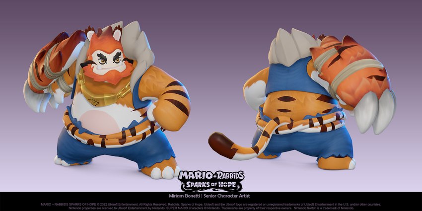 3_toes anthro barefoot black_eyebrows blue_bottomwear blue_clothing blue_pants blue_topwear blue_vest bottomwear brown_stripes brown_tail_tip chain_necklace claw_toes claws closed_smile clothed clothed_anthro clothed_male clothing copyright_symbol dipstick_tail ear_tuft eyebrows feet fully_clothed fully_clothed_anthro fully_clothed_male fur fur_trim_(clothing) gradient_background hair jewelry long_tail male male_anthro markings mitten_hands mouth_closed multicolored_body multicolored_fur multicolored_tail necklace noseless open_clothing open_topwear open_vest orange_body orange_fur orange_hair orange_tail pants simple_background smile solo standing striped_arms striped_markings striped_tail stripes symbol tail tail_markings tan_body tan_inner_ear tan_skin text text_box thick_eyebrows title toes topwear torn_bottomwear torn_clothing torn_pants tuft tusks vest white_body white_claws white_fur white_tail year miriam_bonetti mario_plus_rabbids_sparks_of_hope raving_rabbids rayman_(series) ubisoft wildclaw_(mario_plus_rabbids) felid hybrid lagomorph mammal pantherine rabbid tiger 2022 3d_(artwork) artist_name autodesk_maya_(artwork) blender_(artwork) colored digital_media_(artwork) english_description english_text hi_res official_art shaded substance_painter_(artwork) zbrush_(artwork)