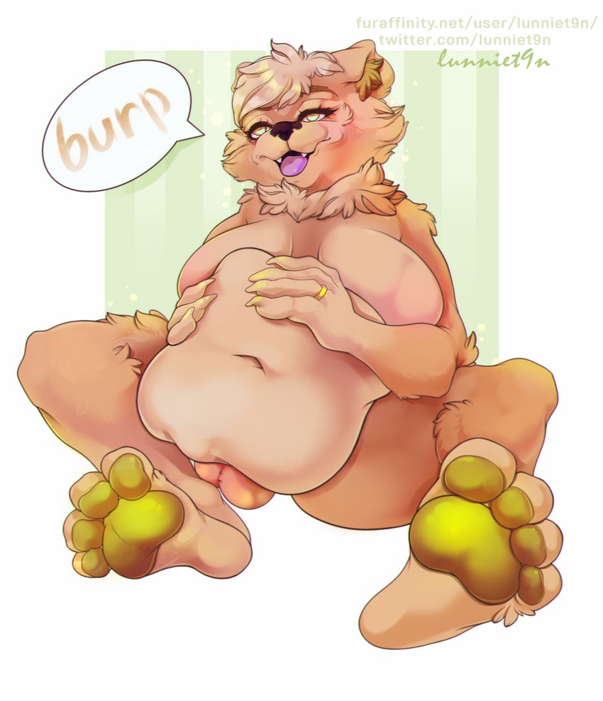 accessory anthro balls belly big_belly big_breasts breasts burping fangs featureless_breasts feet fully_inside genitals gynomorph holding_belly intersex intersex_pred nude oral_vore paws ring sitting soles solo teeth vore lunniet9n ms._dolly bear mammal ursine absurd_res digital_media_(artwork) hi_res