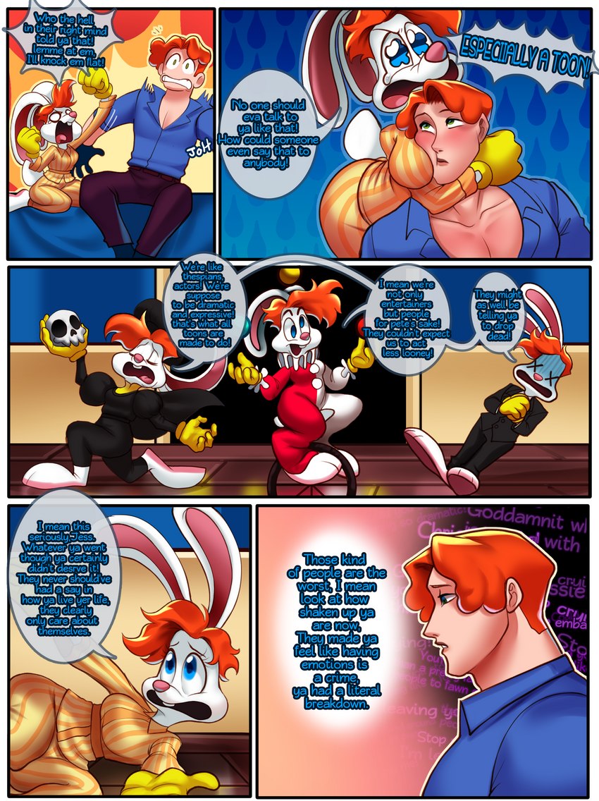 anthro bone breasts clothed clothing crossgender dialogue female ftm_crossgender fur kneeling male male/female mtf_crossgender skull text unicycle vehicle white_body white_fur x_eyes memjioof disney who_framed_roger_rabbit jessica_rabbit roger_rabbit human lagomorph leporid mammal rabbit absurd_res comic english_text hi_res