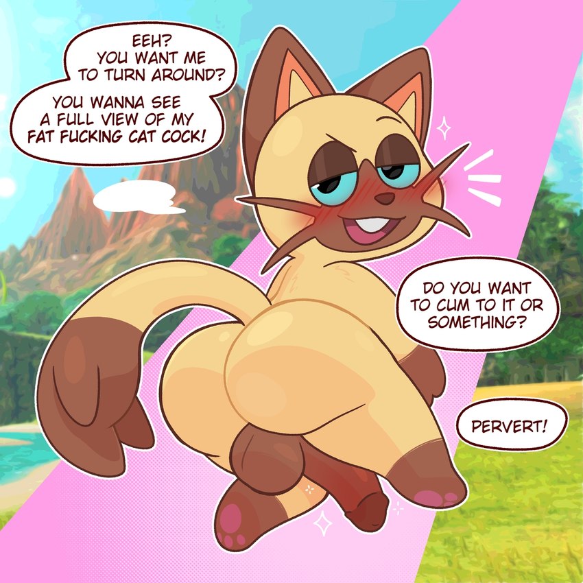 anthro balls big_penis blush flirting flirting_with_viewer genitals huge_penis insult insulting_viewer looking_at_viewer looking_back male penis profanity solo speech_bubble talking_to_viewer text crushpepper capcom monster_hunter navirou felid feline felyne lynian mammal 1:1 english_text hi_res