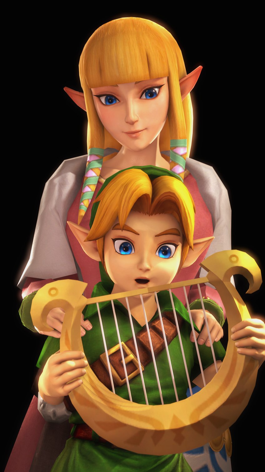 age_difference blue_eyes clothing duo female hair humanoid_pointy_ears light_body light_skin long_hair male musical_instrument not_furry older_female younger_male ambrosine92 nintendo ocarina_of_time skyward_sword the_legend_of_zelda princess_zelda young_link elf humanoid hylian 3d_(artwork) 9:16 digital_media_(artwork) hi_res