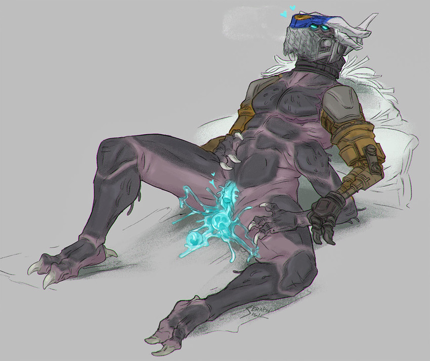 andromorph armor blue_pussy blue_pussy_juice bodily_fluids colored_pussy_juice cybernetic_arm cybernetic_limb egg genital_fluids genitals headgear headgear_only heart_symbol helmet helmet_only intersex leaning leaning_backward multi_limb oviposition pussy simple_background sitting solo unusual_bodily_fluids unusual_genital_fluids unusual_pussy_juice vaginal_fluids seraphsigil destiny_(video_game) variks alien eliksni humanoid