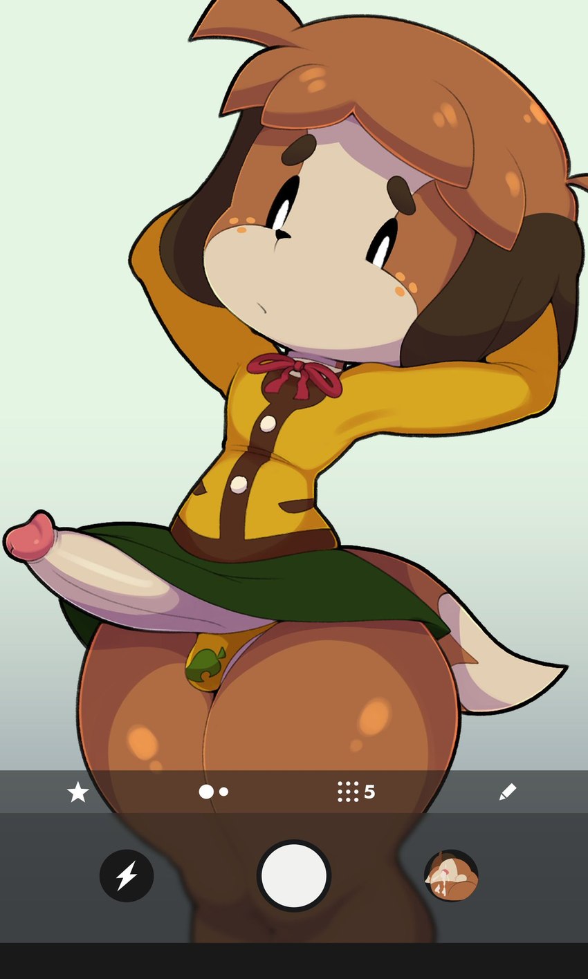 anthro black_border blouse border bottomwear clothed clothing clothing_lift crossdressing embarrassed genitals hands_behind_head male panties penis phone_camera skirt skirt_lift solo string_bow teapot_(body_type) thick_thighs topwear underwear ciavs animal_crossing nintendo digby_(animal_crossing) canid canine canis domestic_dog mammal hi_res monochrome