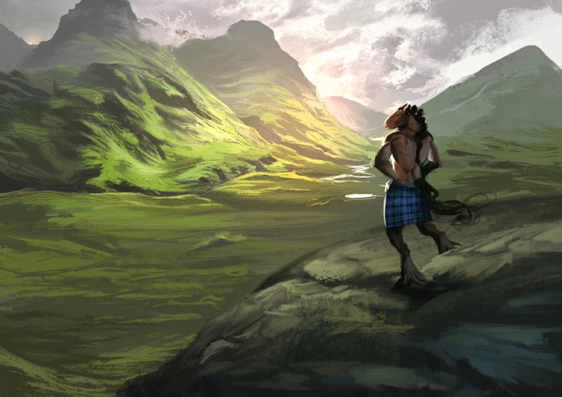 amazing_background anthro biped black_mane black_tail blaze_(marking) blue_bottomwear blue_clothing bottomwear brown_body brown_fur butt butt_pose clothed clothing day detailed_background facial_markings fur hands_on_hips head_markings kilt landscape male mane markings mountain outside pose rear_view scenery_porn scotland scottish sky solo standing tail topless valley white_markings alectorfencer rannik clydesdale draft_horse equid equine horse mammal 2014 detailed digital_media_(artwork) digital_painting_(artwork) painting_(artwork)