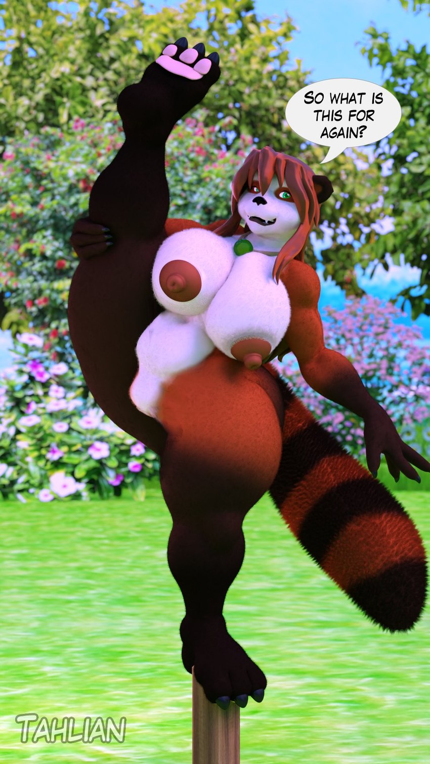 anthro areola barefoot big_areola big_breasts breasts brown_body brown_fur claws curvy_figure detailed_background dialogue fangs feet female fingers fluffy fluffy_tail fur green_eyes hair huge_breasts jewelry long_tail multicolored_body multicolored_fur necklace nipples nude on_one_leg one_leg_up outside pawpads raised_leg red_body red_fur red_hair smile solo standing tail teeth text thick_thighs toes voluptuous white_body white_fur wide_hips tahlian blizzard_entertainment warcraft kimiko_(tahlian) bear mammal pandaren red_pandaren 2020 3d_(artwork) 9:16 artist_name blender_(artwork) digital_media_(artwork) english_text hi_res watermark