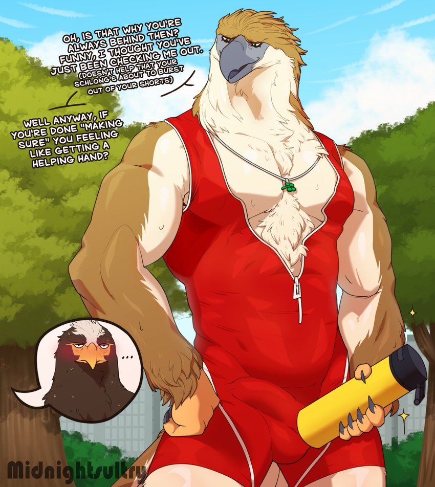 anthro beak blush bulge clothed clothing detailed_bulge dialogue duo erection erection_under_clothing food food_fetish genital_outline male muscular muscular_male outside pecs penis_outline plant sky smile suggestive suggestive_food suggestive_pose text tracksuit tree zipper_down midnightsultry accipitrid accipitriform avian bird eagle philippine_eagle sea_eagle steller's_sea_eagle english_text hi_res