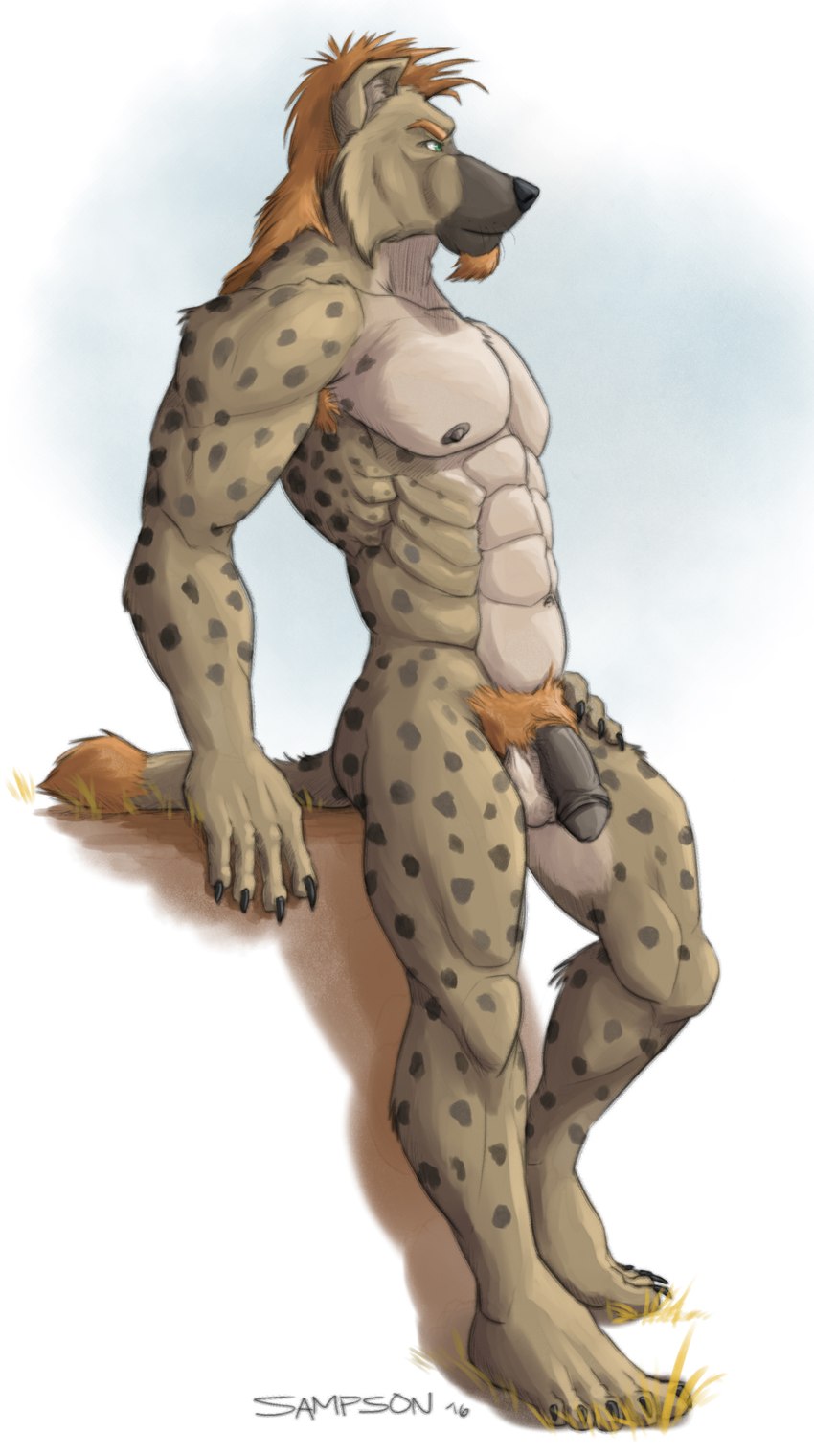 abs anthro balls big_chest big_muscles black_nipples black_nose black_penis brown_body brown_fur brown_spots claws facial_hair feet flaccid fur genitals goatee grass green_eyes head_tuft humanoid_feet humanoid_genitalia humanoid_penis leaning_against_object looking_into_the_distance male mane markings muscular muscular_anthro muscular_male nipples nude orange_body orange_fur pecs penis plant plantigrade pubes serratus simple_background solo spots spotted_markings standing tail tail_tuft tan_body tan_fur tuft sampsonwoof hyena mammal spotted_hyena 2016 hi_res signature story story_in_description