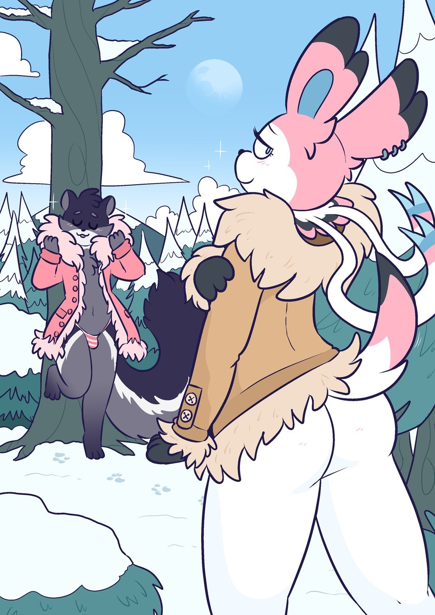 anthro anthrofied barefoot big_tail blush blush_lines bottomless bulge butt casual_exposure clothed clothing coat day detailed_background duo ear_piercing feet femboy footprint forest forest_background fur_coat jacket looking_at_viewer looking_back male nature nature_background outside panties partially_clothed pawprint piercing plant pokemorph pose skimpy snow tail topwear tree underwear winter cat-boots nintendo pokemon hyacinth_(cheeseuschrist) pallas_(cheeseuschrist) eeveelution generation_6_pokemon mammal pokemon_(species) rodent sciurid sylveon tree_squirrel absurd_res hi_res