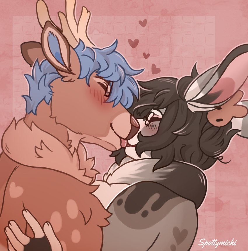 anthro antlers duo female horn hug kiss_on_lips kissing licking love male romantic romantic_couple tongue tongue_out spottymichi lue_bunny deer lagomorph leporid mammal rabbit hi_res