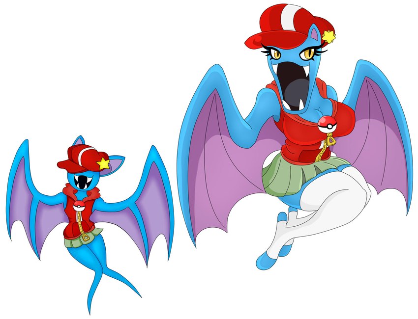 anthro big_breasts blue_body bottomwear breasts clothed clothing duo eyeless fangs female hat headgear headwear jacket legwear pokeball simple_background skirt star stockings teeth topwear white_background wings yellow_eyes urusee584 nintendo pokemon generation_1_pokemon golbat pokemon_(species) zubat hi_res