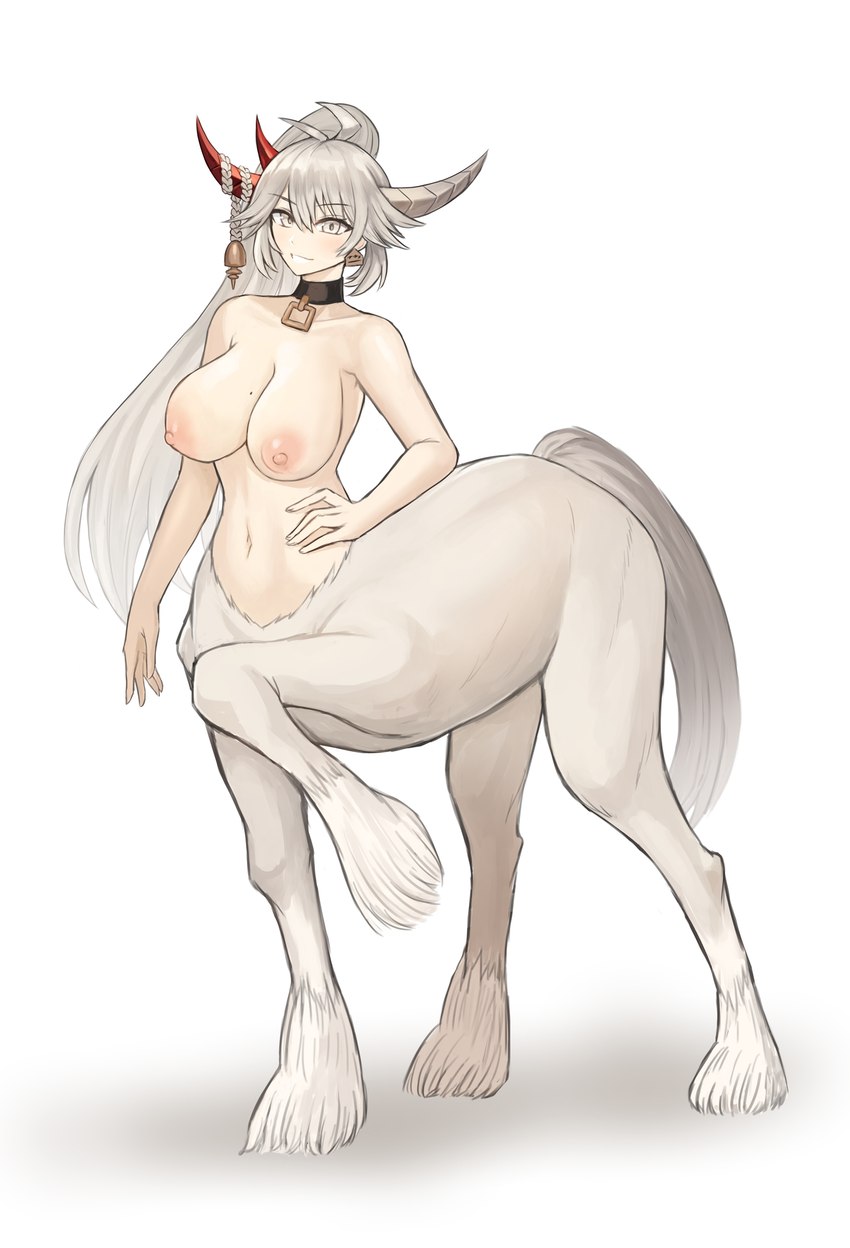 big_breasts breasts collar female grey_eyes grey_hair hair hand_on_hip horn looking_at_viewer navel nipples nude ponytail simple_background smile solo standing tail white_background sookmo european_mythology greek_mythology mythology centaur equid equid_taur equine equine_taur humanoid_taur mammal mammal_taur taur 2024 hi_res