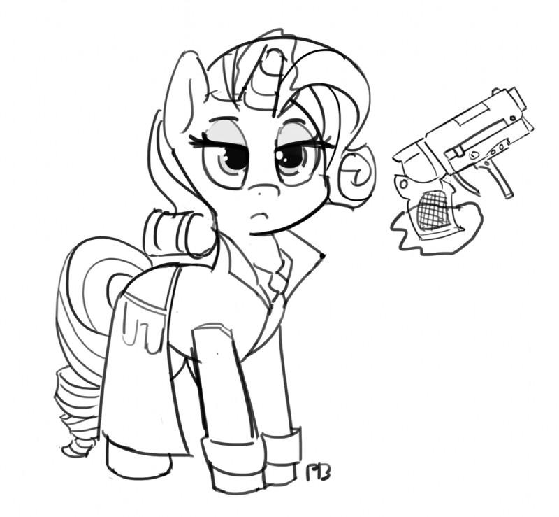 clothing coat female gun handgun horn looking_at_viewer ranged_weapon solo telekinesis topwear weapon pabbley blade_runner friendship_is_magic hasbro my_little_pony mythology rarity_(mlp) rick_deckard equid equine mammal mythological_creature mythological_equine unicorn monochrome