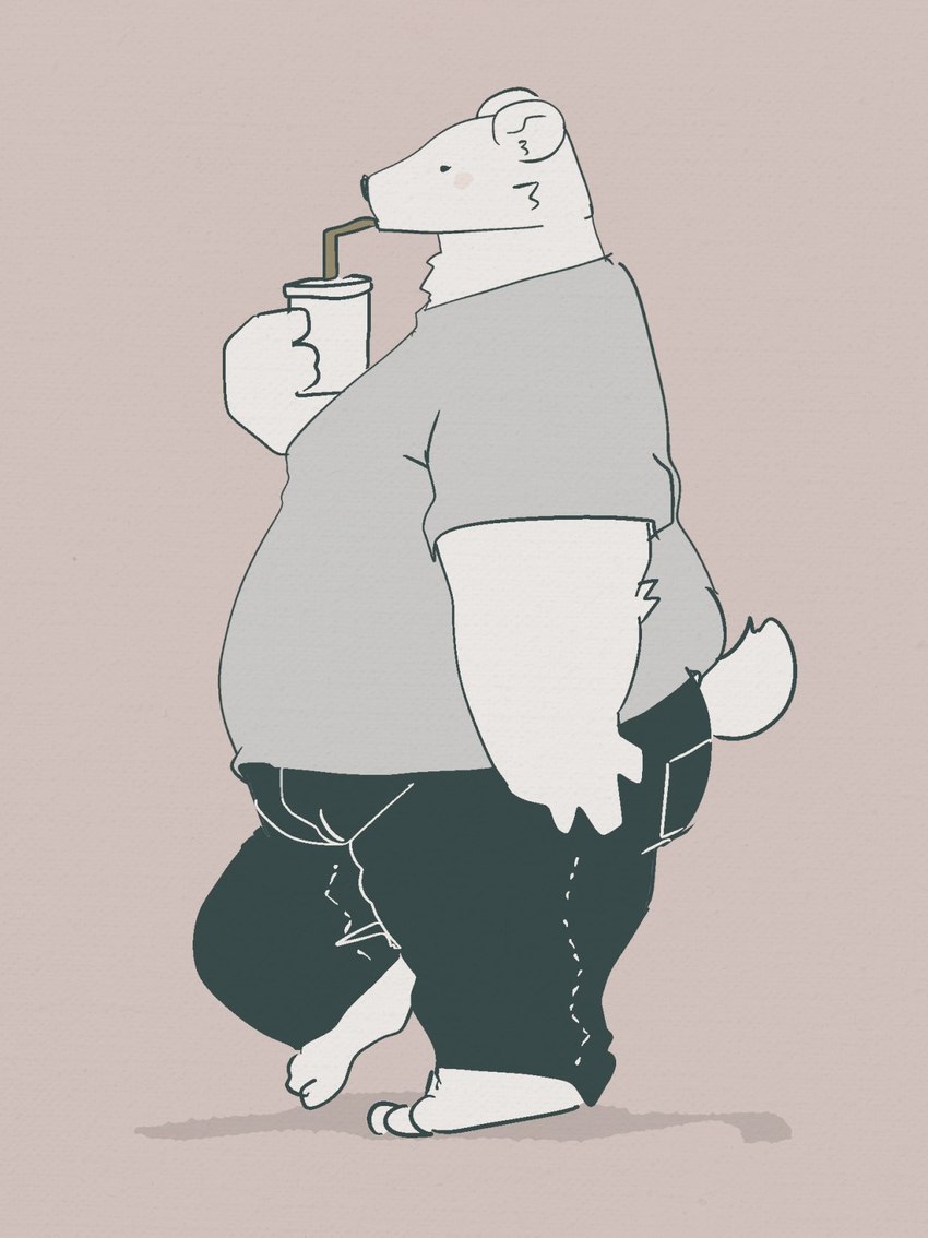 anthro barefoot belly bendy_straw beverage black_bottomwear black_clothing black_pants blush bottomwear clothed clothing drinking drinking_straw feet fingers fur grey_clothing grey_shirt grey_topwear holding_object kemono male overweight overweight_male pants pink_background shirt side_view simple_background solo toes topwear white_body white_fur dumdum bear mammal polar_bear ursine 2021 hi_res