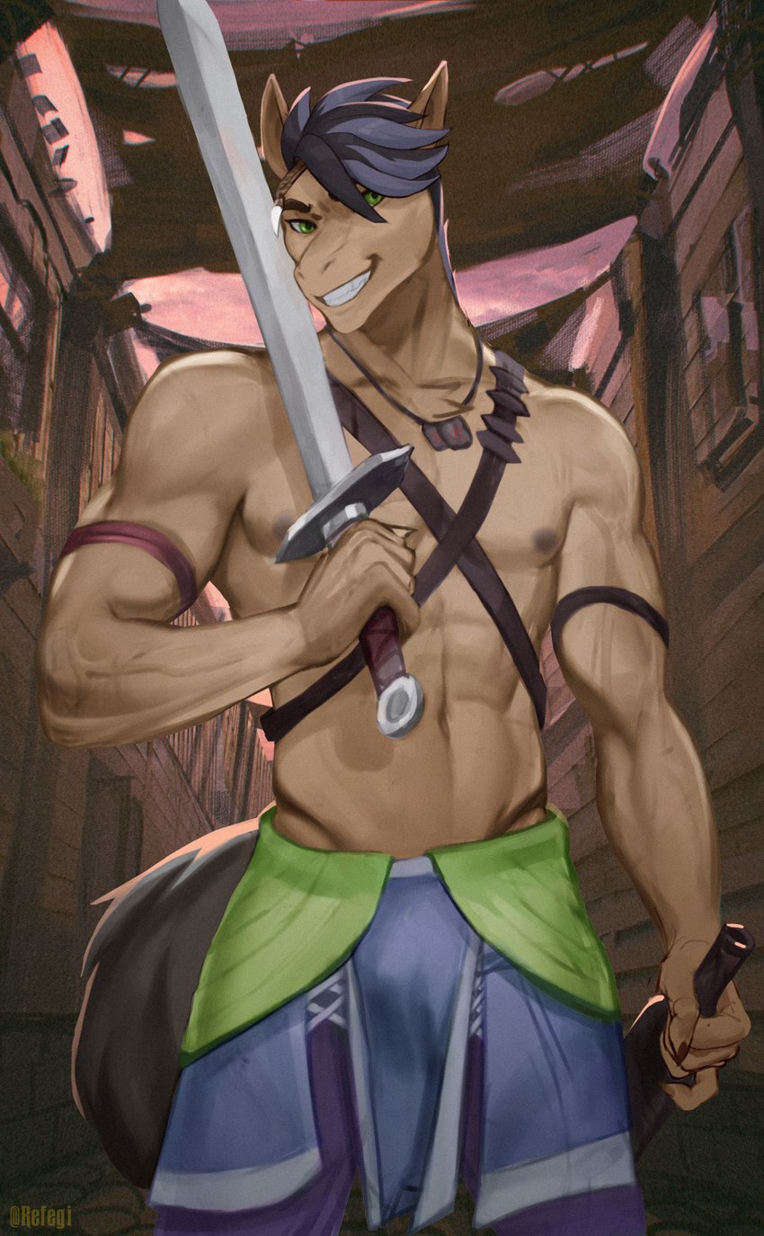 abs anthro clothed clothing green_eyes male melee_weapon nipples pecs solo sword tail vein veiny_muscles weapon refegi tida equid equine horse mammal pony absurd_res hi_res